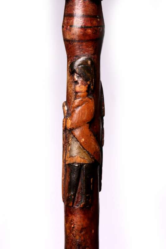 A 19THC CARVED FOLK ART CANE WITH FIGURES & SNAKE