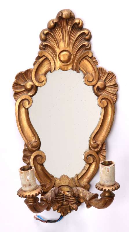 CARTOUCHE FORM CARVED AND GILDED WOOD SCONCE PAIR