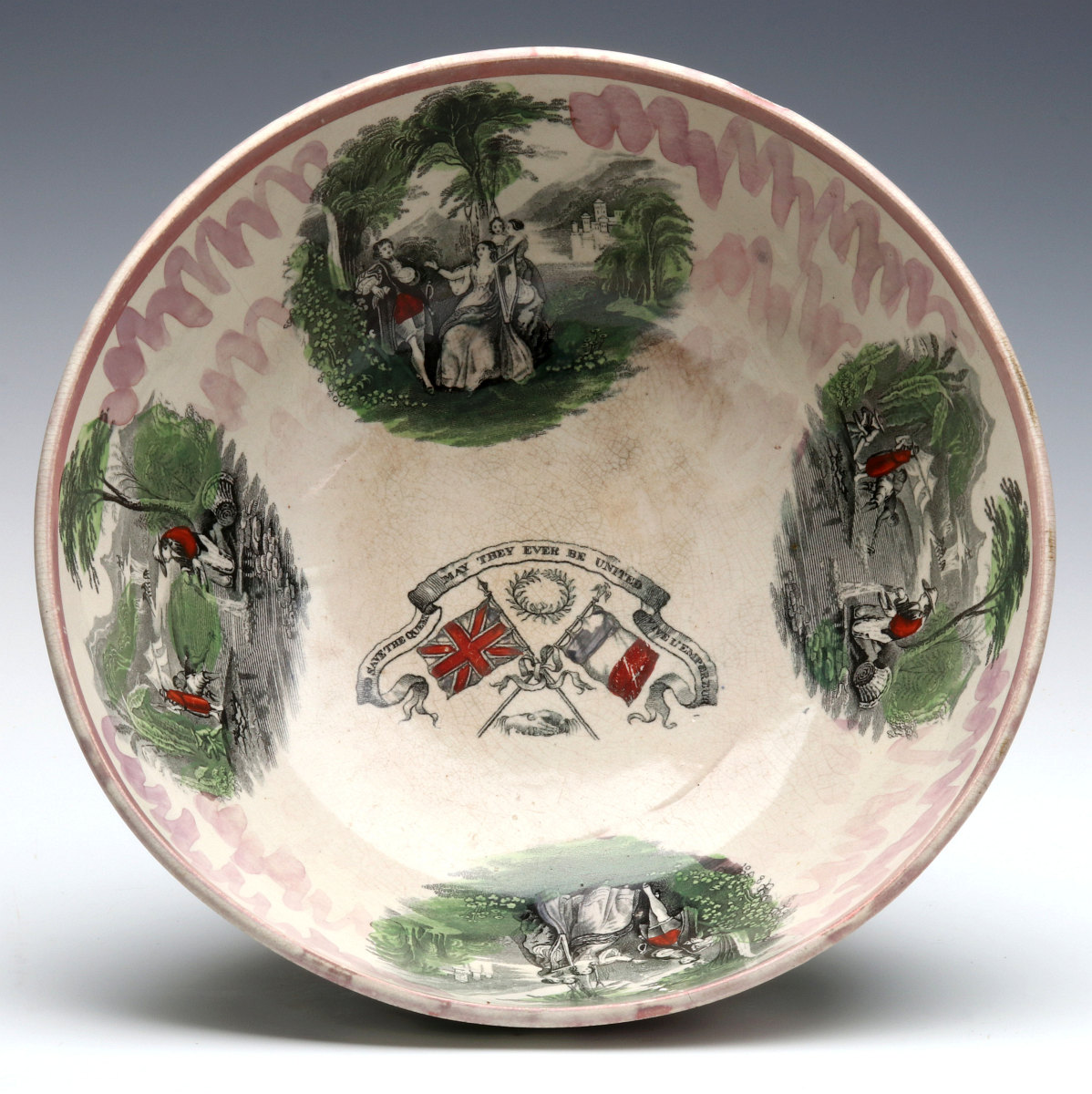 AN EARLY 19TH C. PINK LUSTRE PUNCH BOWL W/ SHIPS