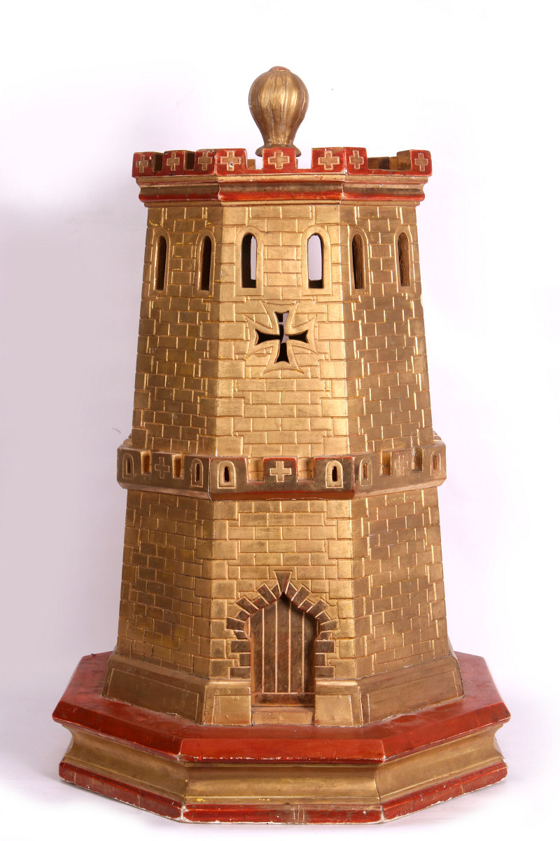 A CIRCA 1900 PAINTED WOOD MODEL OF A CASTLE TURRET