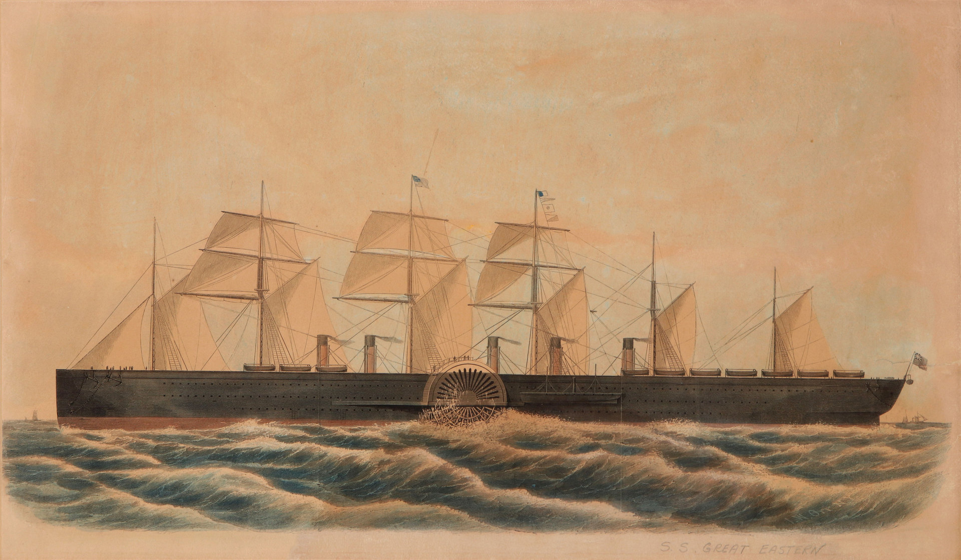 HAND COLORED WOOD ENGRAVING OF STEAMSHIP C. 1860