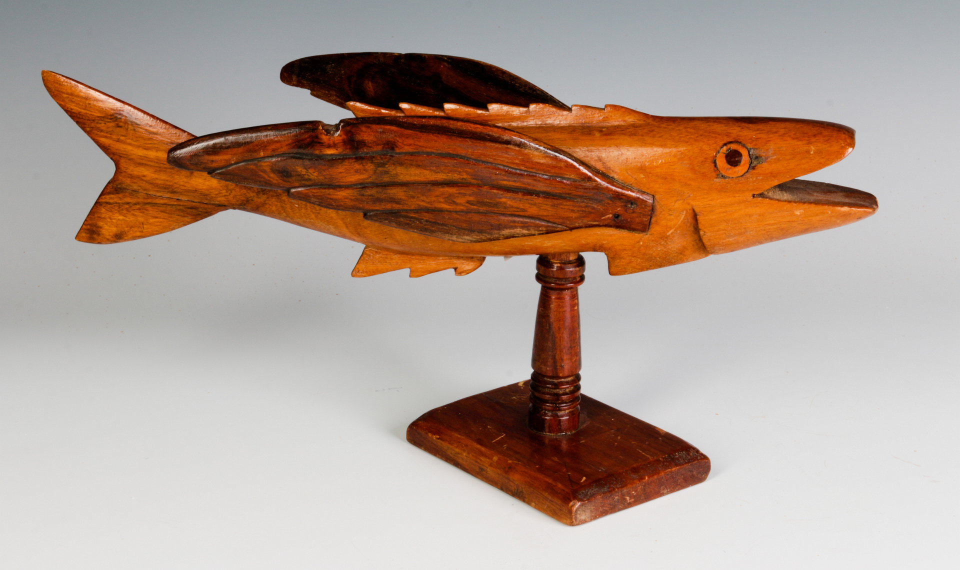 PITCAIRN ISLAND CARVED WOOD FISH WITH INLAID EYES