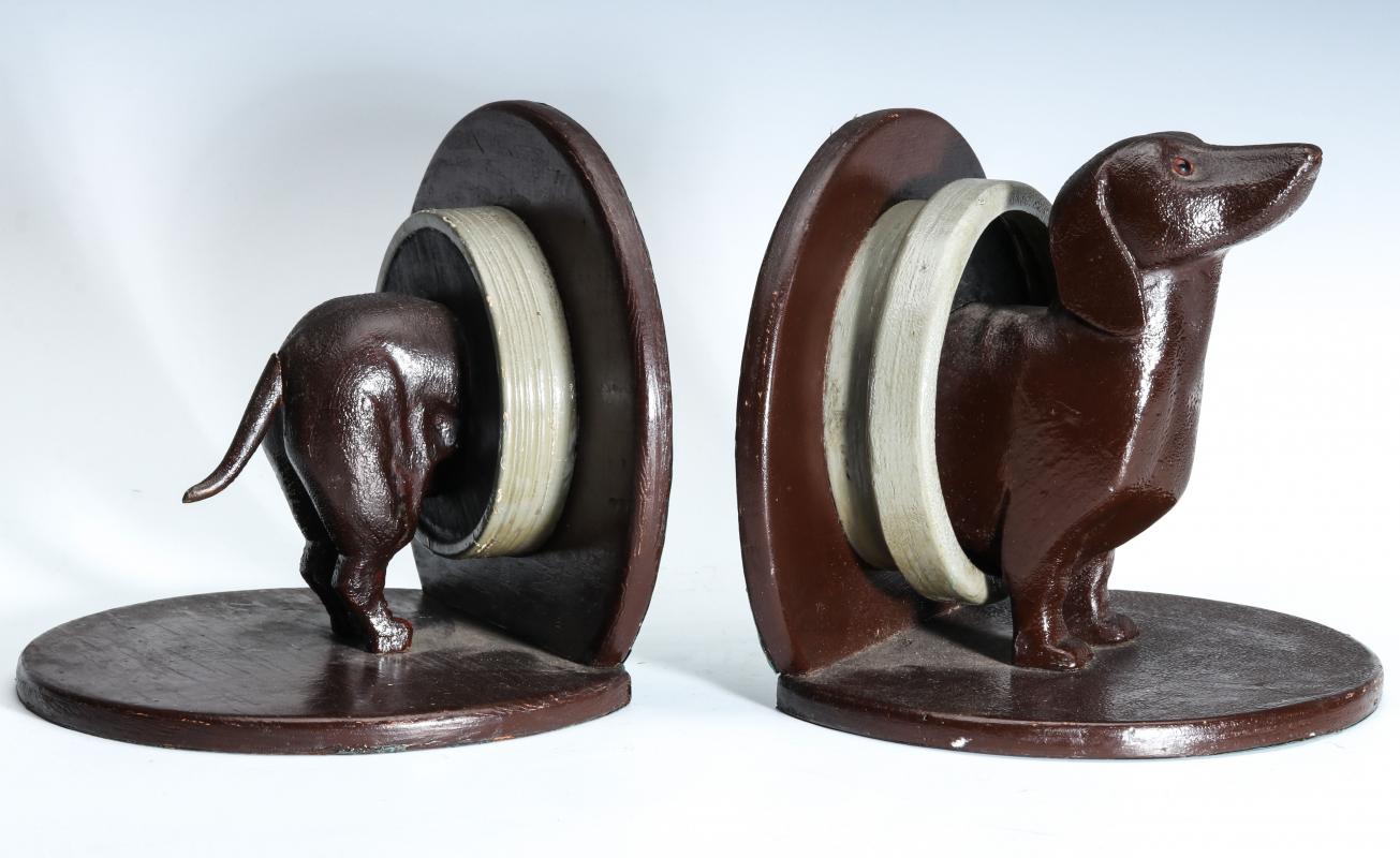GREAT FOLKY CARVED WOOD DACHSHUND BOOKEND PAIR
