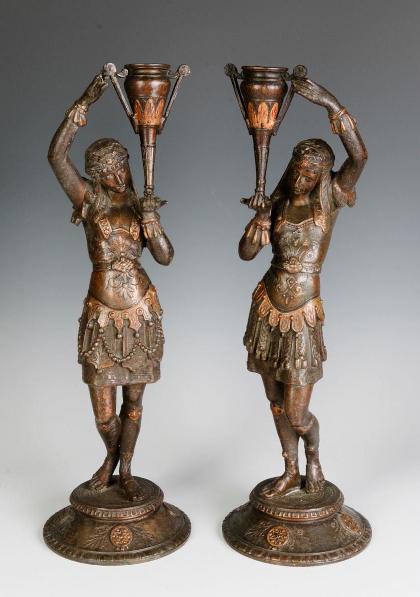 A PAIR 19TH C. EGYPTIAN REVIVAL PATINATED FIGURES
