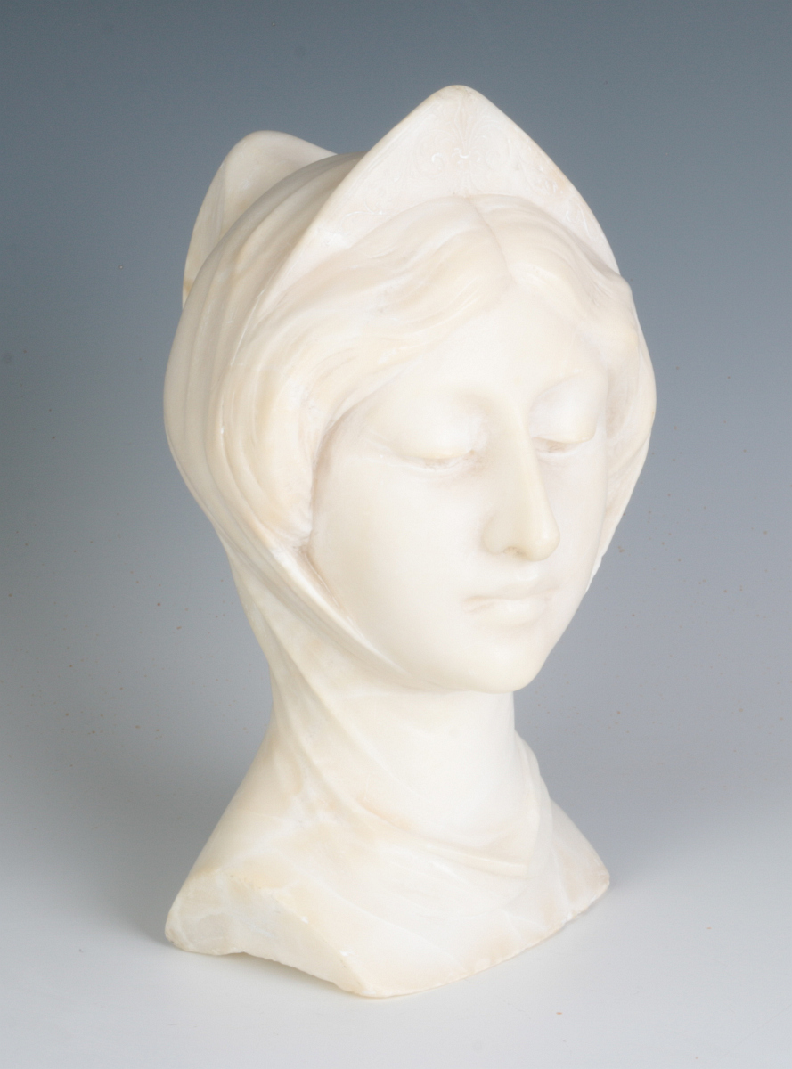 AN ITALIAN SCHOOL CARVED MARBLE BUST OF BEATRICE