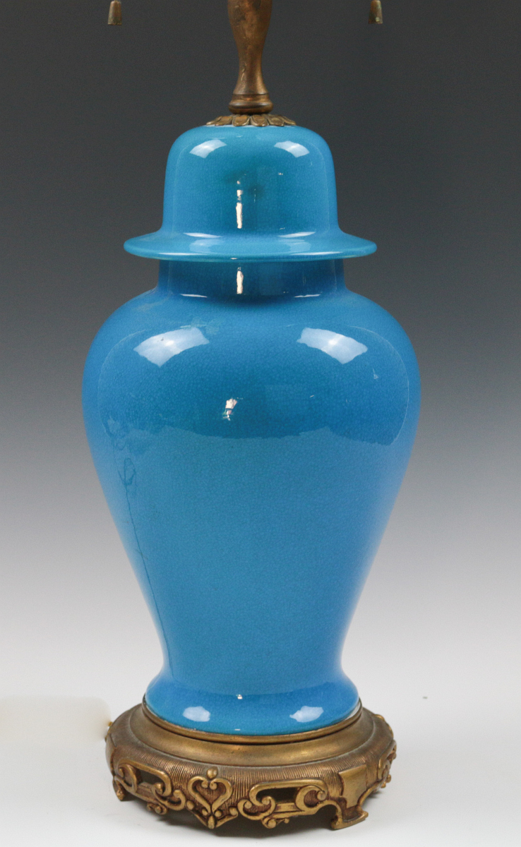 A SEVRES BLUE CRACKLE GLAZE GINGER JAR LAMP