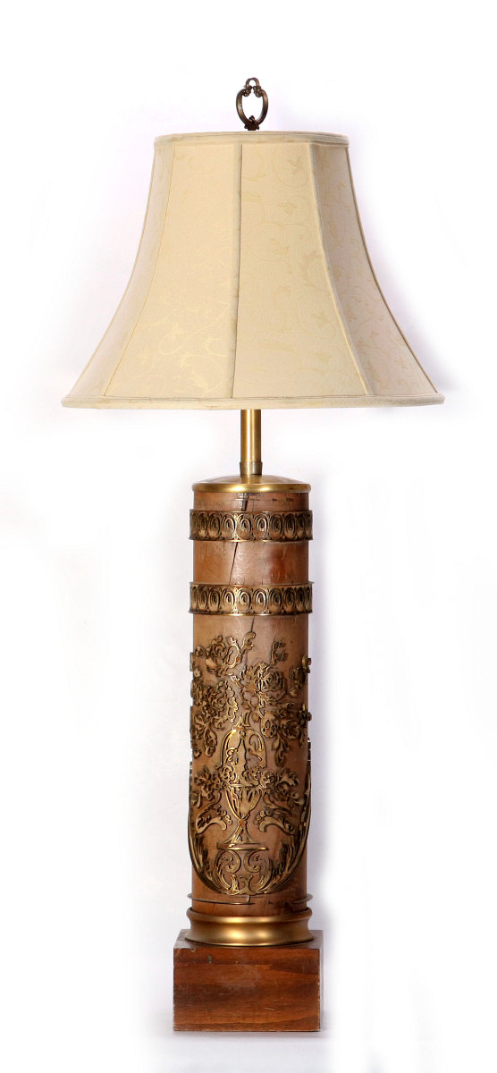 A VINTAGE FRENCH WALLPAPER PRINTING ROLL, AS LAMP