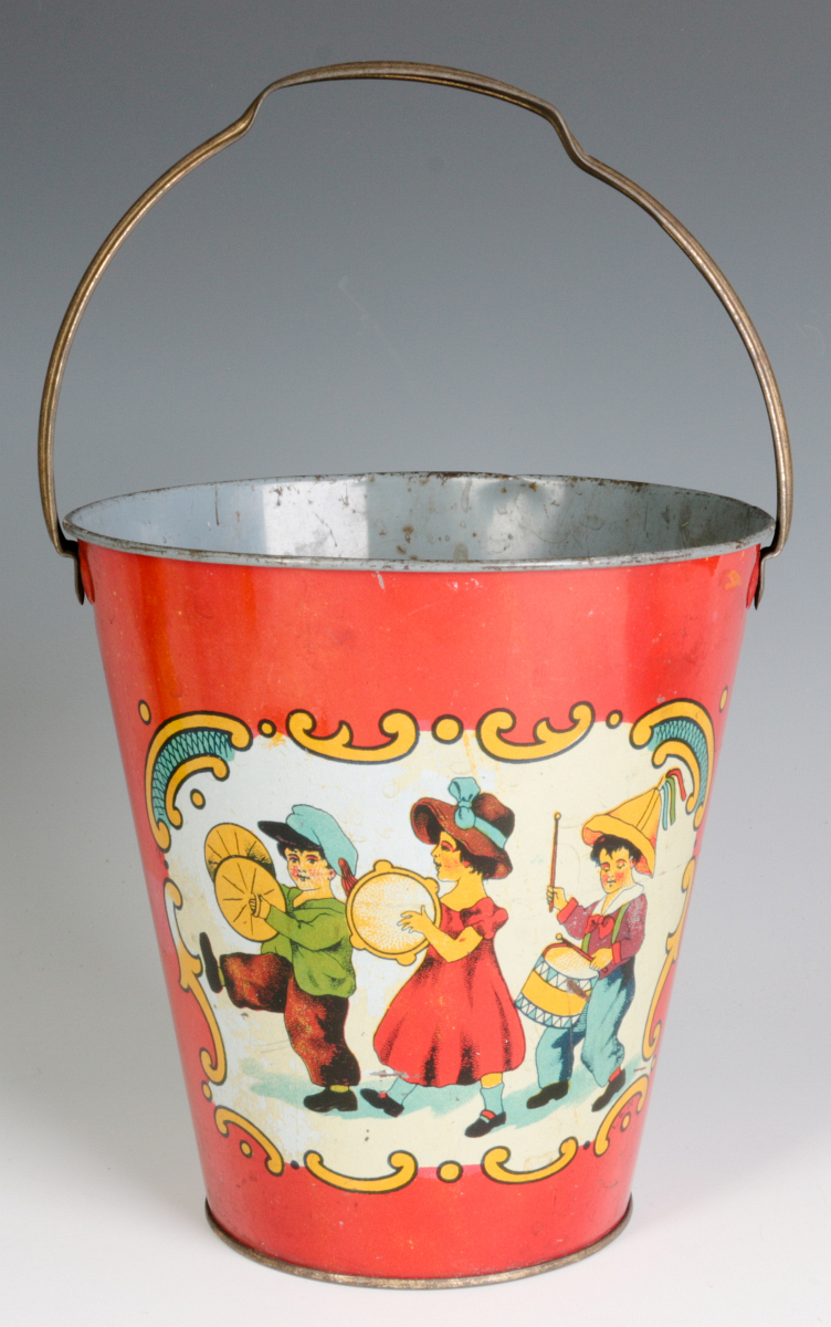 A TIN LITHO CHILD'S PAIL WITH MARCHING KIDS C 1920