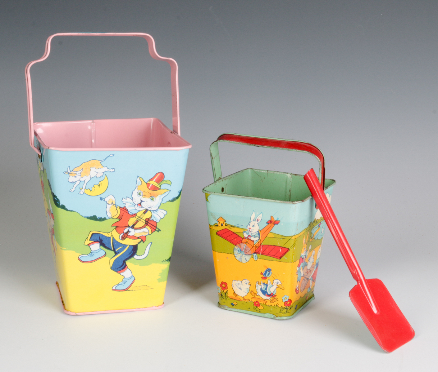 TWO GOOD SQUARE SAND PAILS AND SHOVEL SIGNED CHEIN