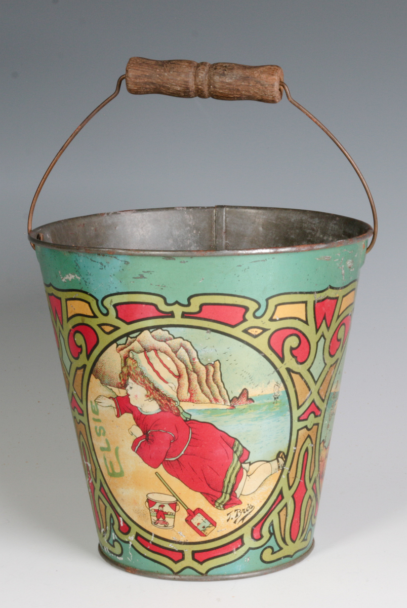A VICTORIAN TIN LITHO SAND PAIL SIGNED T. BRO'S