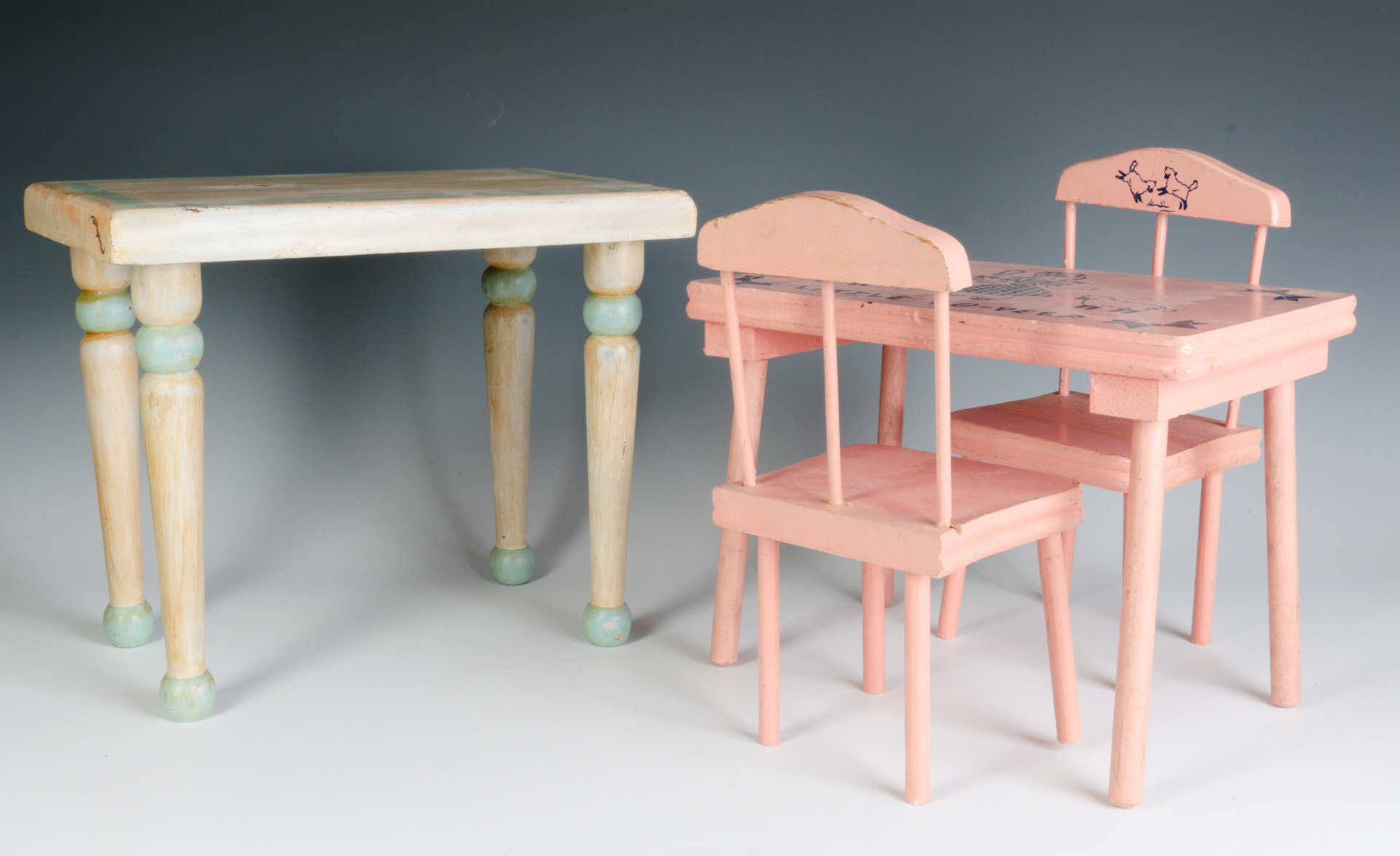 PAINTED WOOD DOLL TABLES AND CHAIRS CIRCA 1930