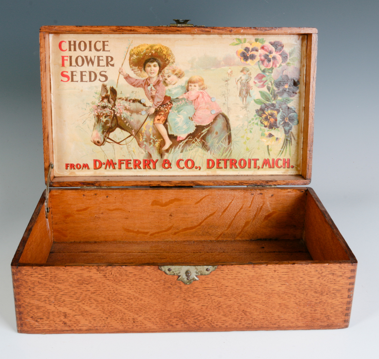 A GOOD OAK BOX WITH FERRY FLOWER SEED ADVERTISING