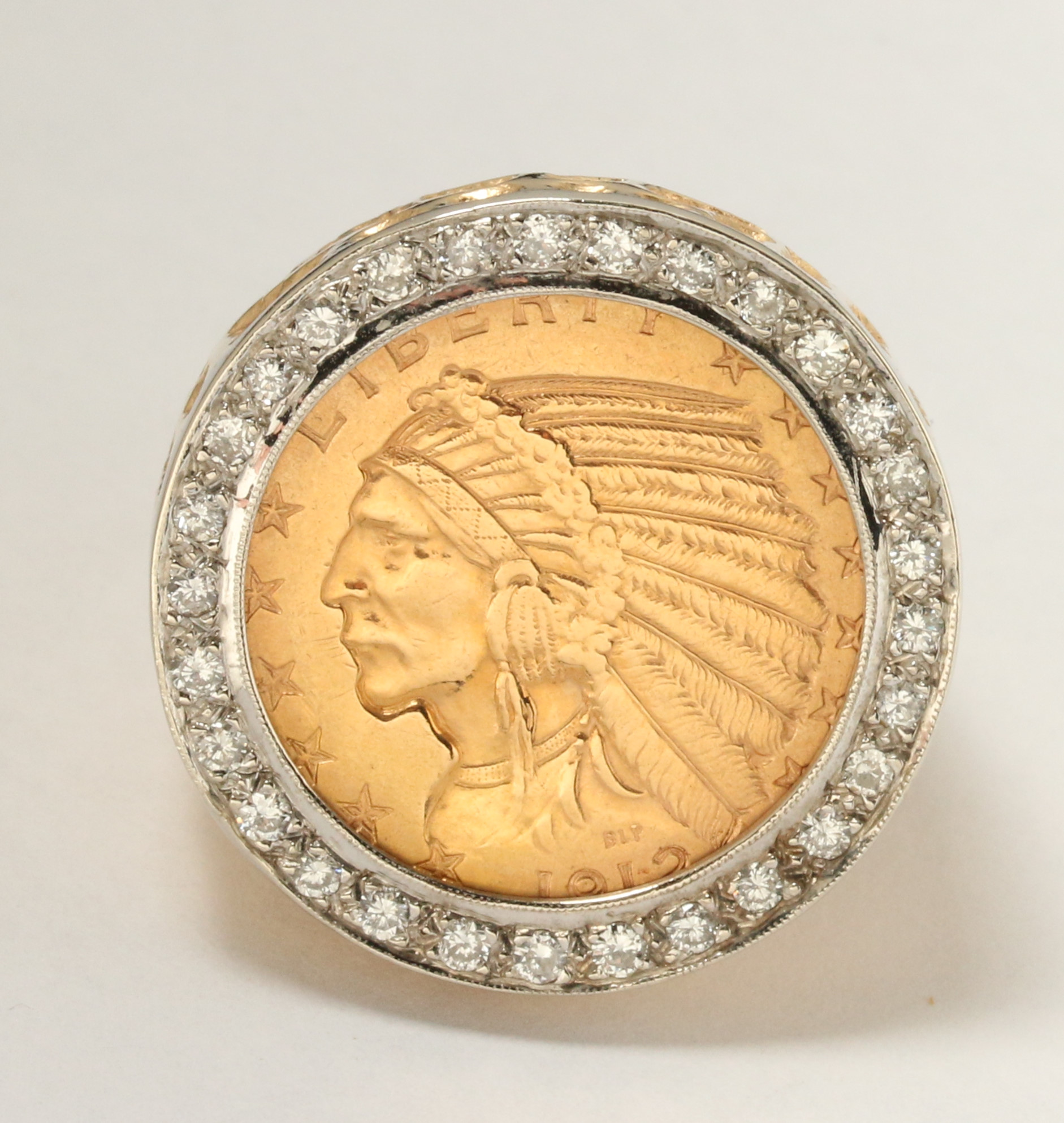 A GENT'S $5 INDIAN GOLD COIN RING WITH DIAMONDS