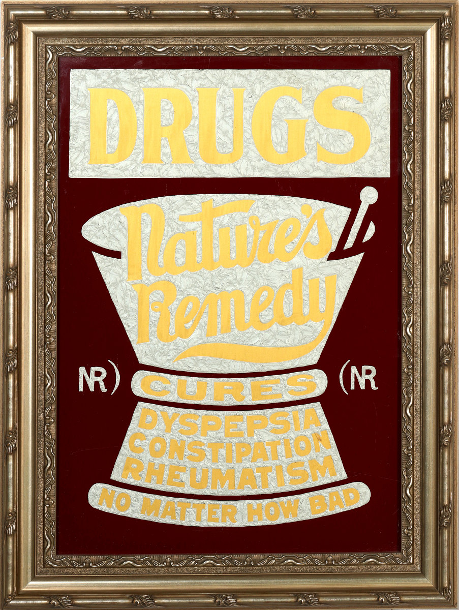 A CIRCA 1900 REVERSE PAINTED NATURE'S REMEDY SIGN