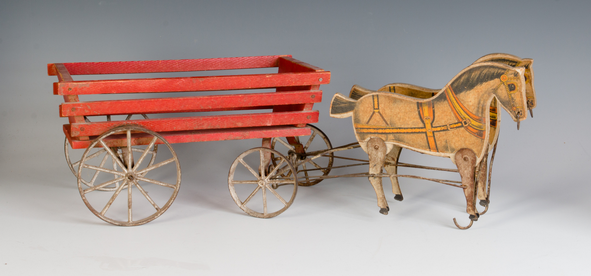 ANTIQUE VICTORIAN LITHO ON WOOD HORSE DRAWN TOY