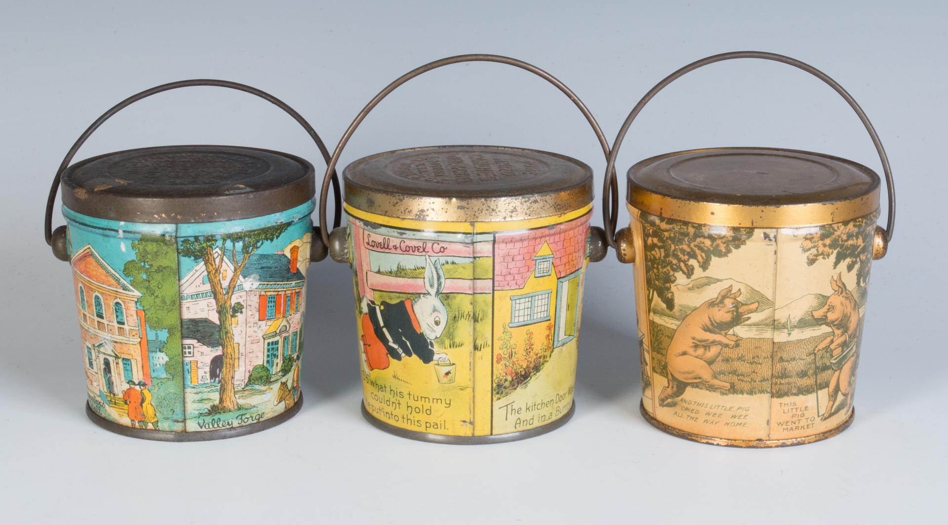 THREE LITHOGRAPHED CANDY TINS, LOVELL AND COVEL