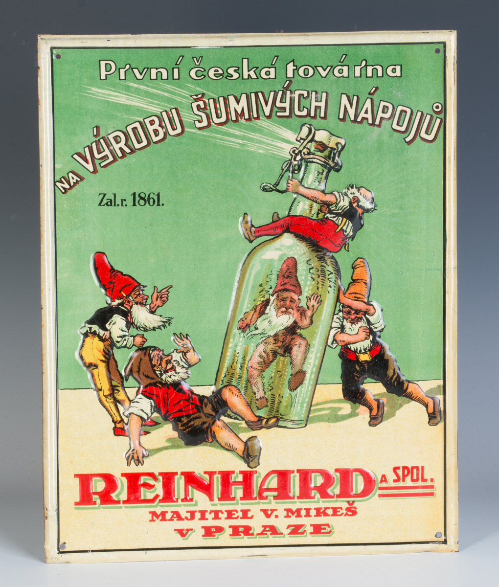 A 20TH C. CZECH SPIRITS ADVERTISING SIGN W/ GNOMES
