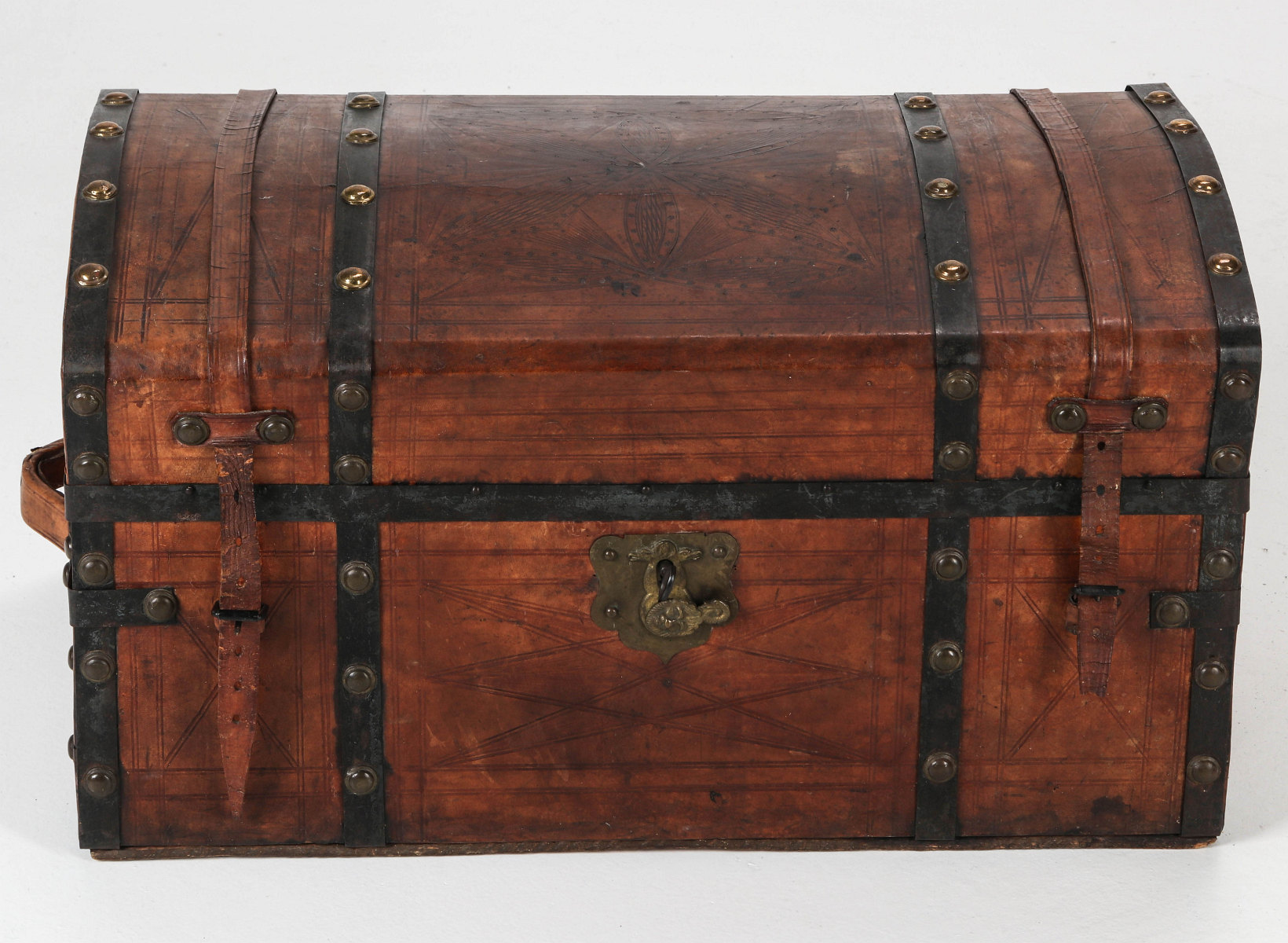 A 19TH CENTURY LEATHER COVERED DOME TOP TRUNK