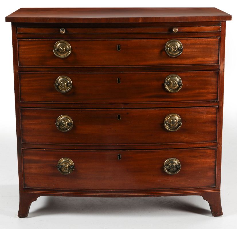 A 19TH C. HEPPLEWHITE BOW FRONT CHEST WITH SERVER