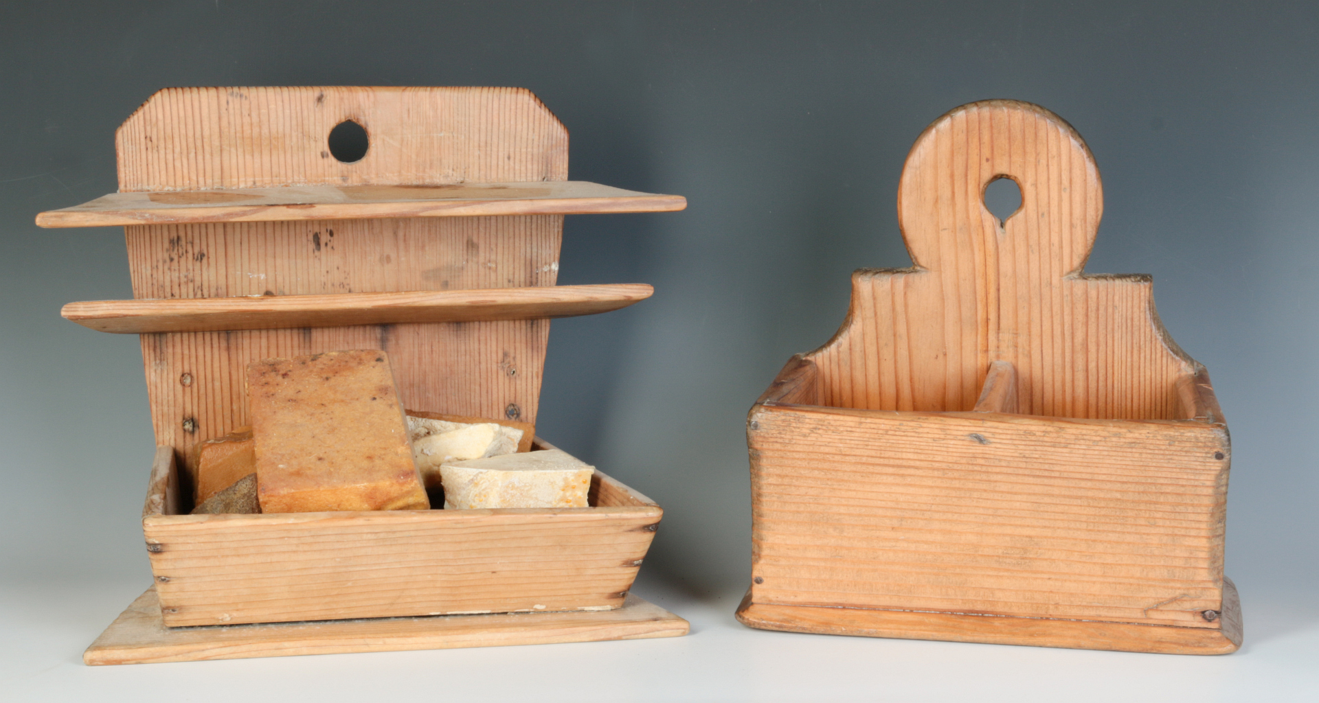 TWO 19TH CENTURY PINE WALL HANGING SOAP BOXES