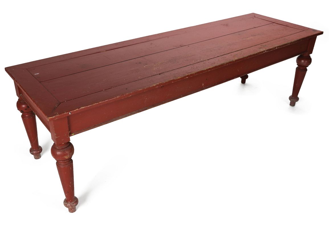 AN 8.75 FOOT LONG HARVEST TABLE IN RED PAINT