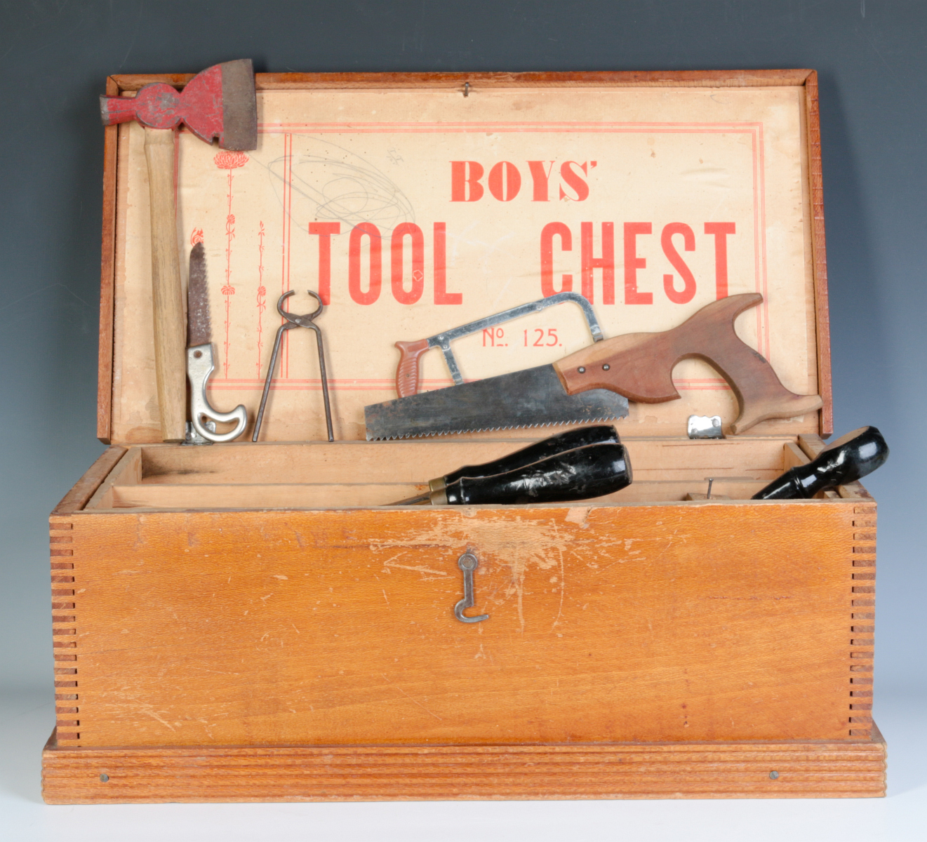 THE BOYS TOOL CHEST, WITH 'TOY' TOOLS, CIRCA 1930s