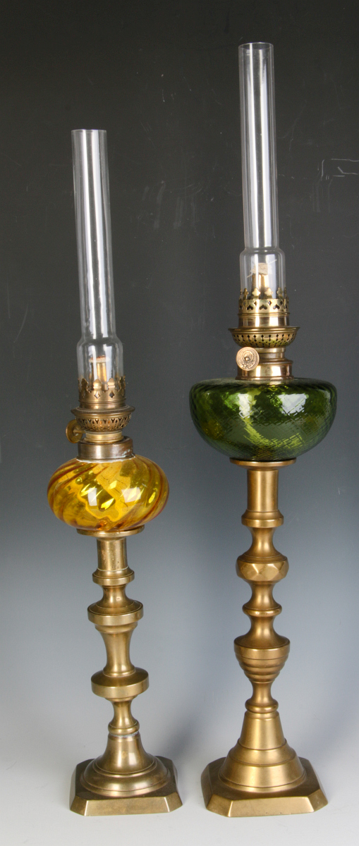 TWO 19TH C. PEG LAMPS WITH COLORED GLASS FONTS