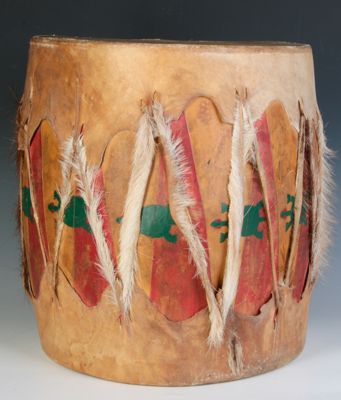 AN EARLY 20TH C. PAINTED TAOS DRUM WITH TURTLES