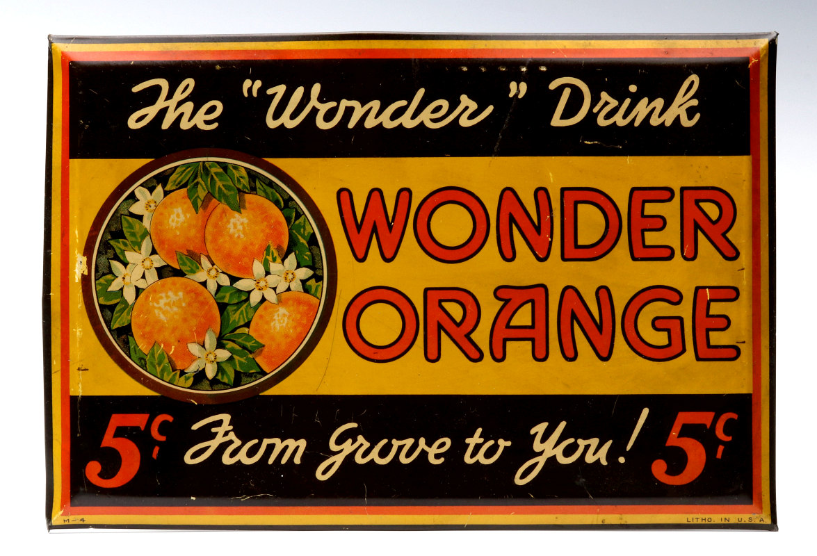 A COLORFUL TIN SIGN FOR WONDER ORANGE 5 CENTS
