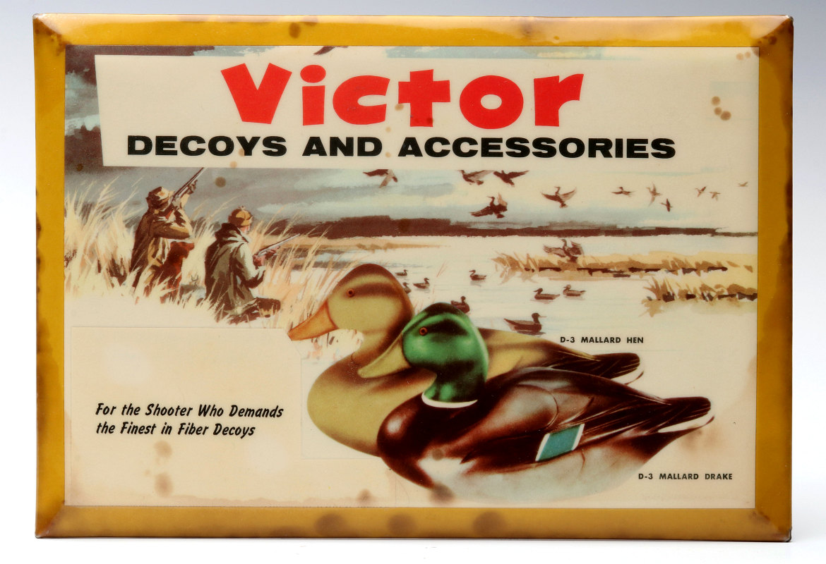 CIRCA 1940s SIGN FOR VICTOR DECOYS AND ACCESSORIES