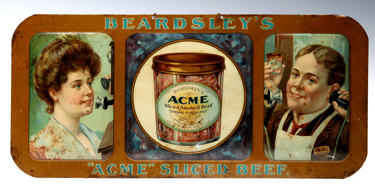 ACME SLICED BEEF SIGN WITH WOMAN PHONING GROCER