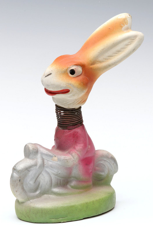 PAPIER MACHE RABBIT ON MOTORCYCLE CANDY CONTAINER