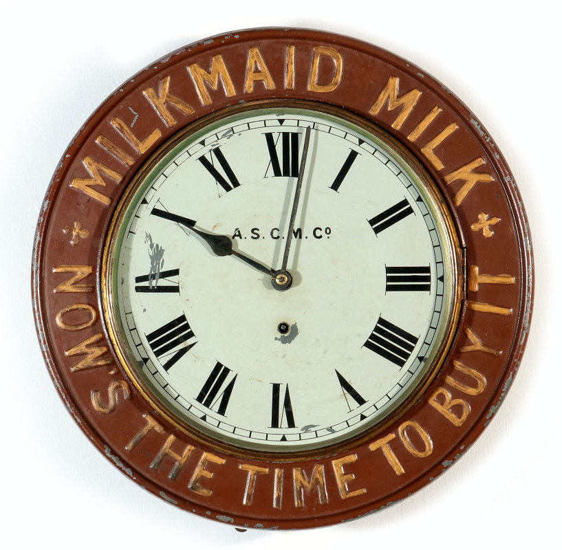 MILK MAID MILK ADVERTISING GALLERY CLOCK C. 1890