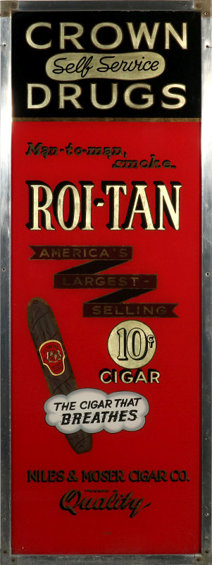 CROWN DRUGS ROI-TAN CIGARS REVERSE PAINTED SIGN