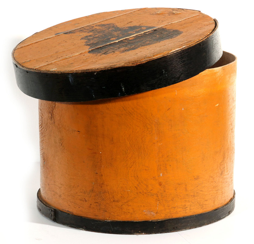A TALL PAINTED ORANGE AND BLACK BAND BOX