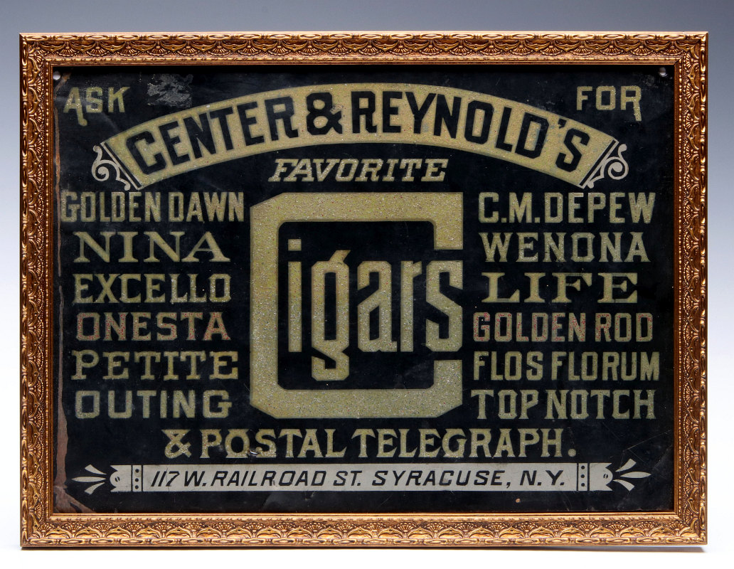REVERSE PAINTED SIGN FOR CENTER & REYNOLD'S CIGARS