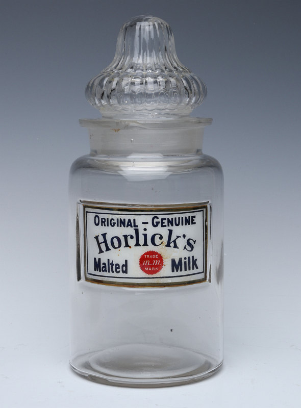 HORLICK'S LABEL UNDER GLASS DRUG STORE CANDY JAR