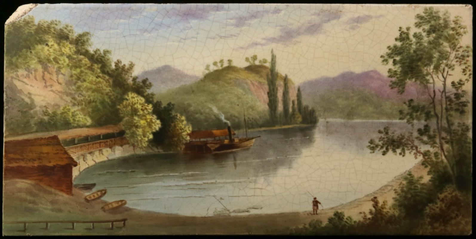 A 19TH C. CERAMIC TILE WITH HAND PAINTED LANDSCAPE