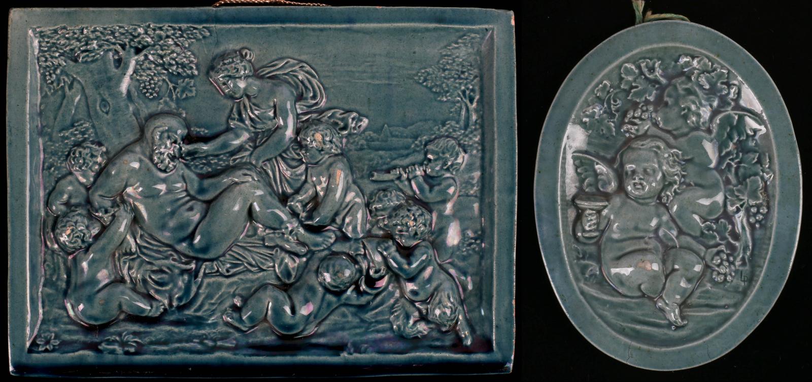 CONTINENTAL ART TILE WITH RELIEF BACCHANALIA SCENE