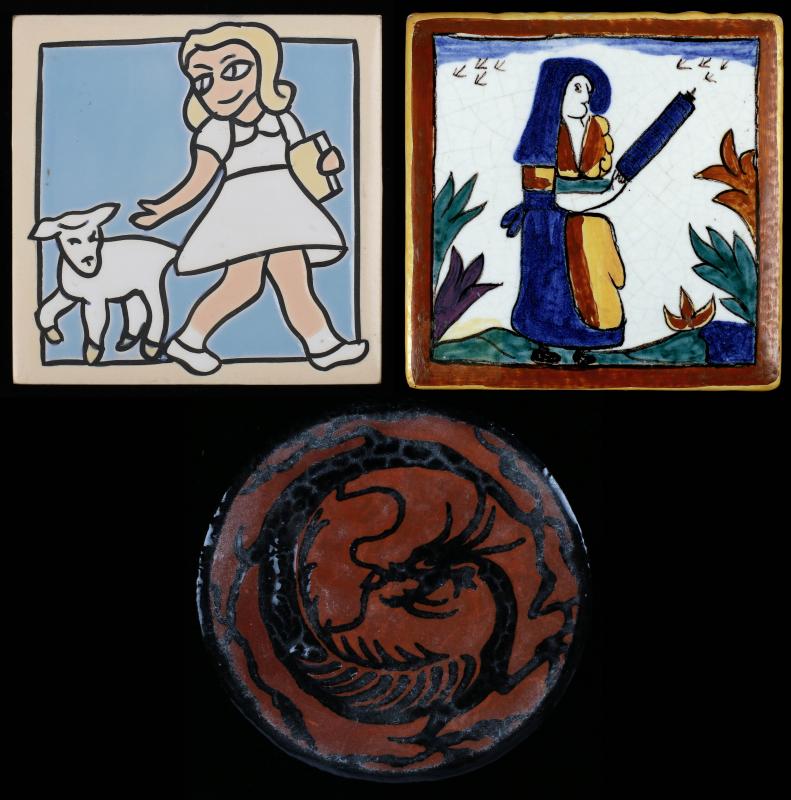 AN AMERICAN ENCAUSTIC FAIENCE TILE, TWO OTHERS