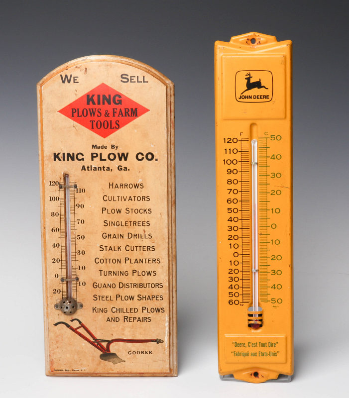 TWO FARM PRODUCTS ADVERTISING THERMOMETERS
