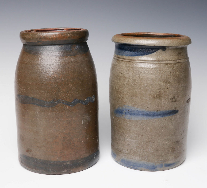 TWO 19TH C. BLUE DECORATED STONEWARE CANNING JARS