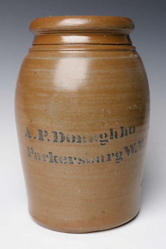 A 19TH C. STONEWARE CANNING JAR WITH ADVERTISING