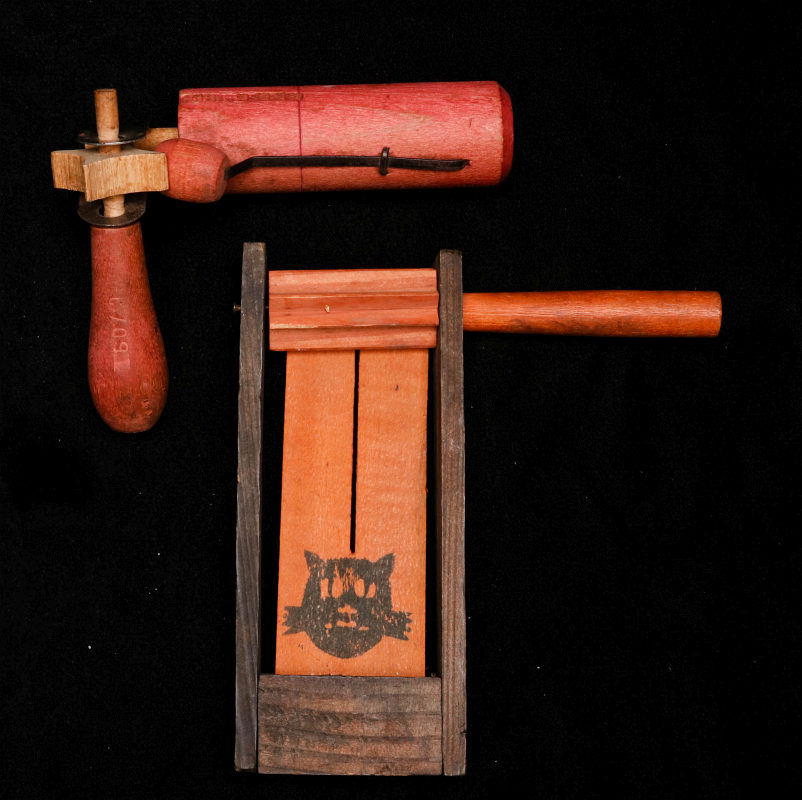 TWO VINTAGE WOODEN RATCHET NOISE MAKERS