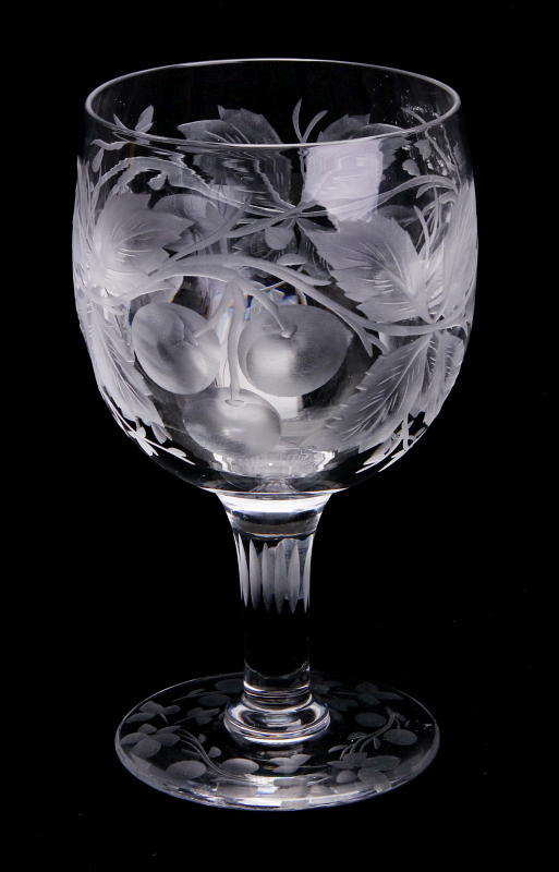 A LARGE LIBBEY GOBLET, INTAGLIO ENGRAVED CHERRIES