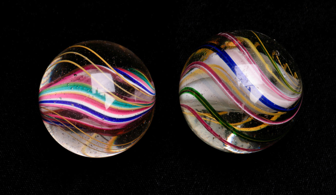 SOLID CORE AND RIBBON SWIRL MARBLES, 1-5/8 INCHES