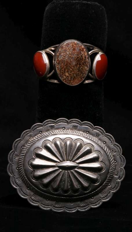 A NAVAJO INDIAN BRACELET AND CONCHO AS BROOCH