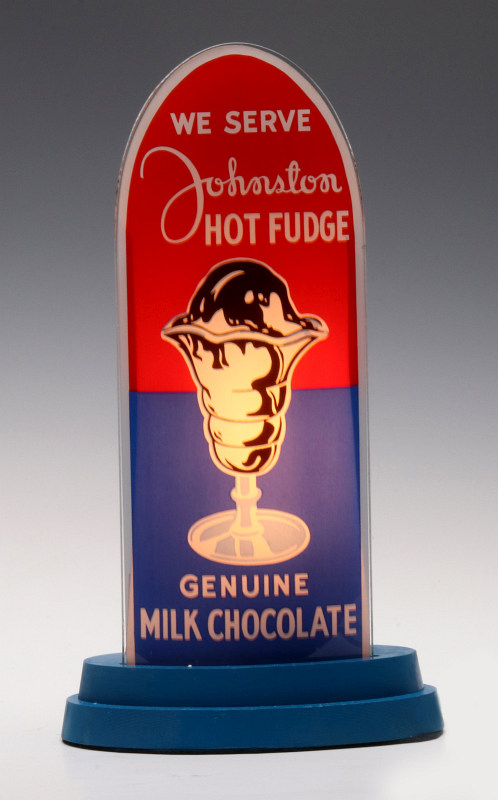 A JOHNSTON HOT FUDGE REVERSE PAINTED BULLET SIGN