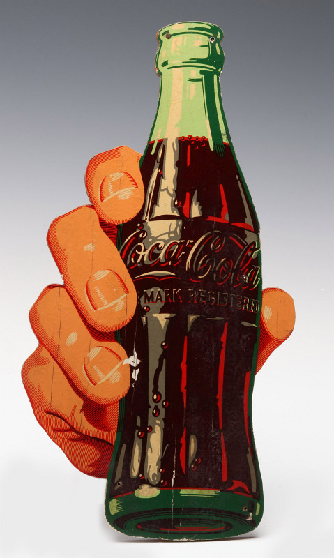 A PAINTED WOOD COCA-COLA FIGURAL HAND AND BOTTLE