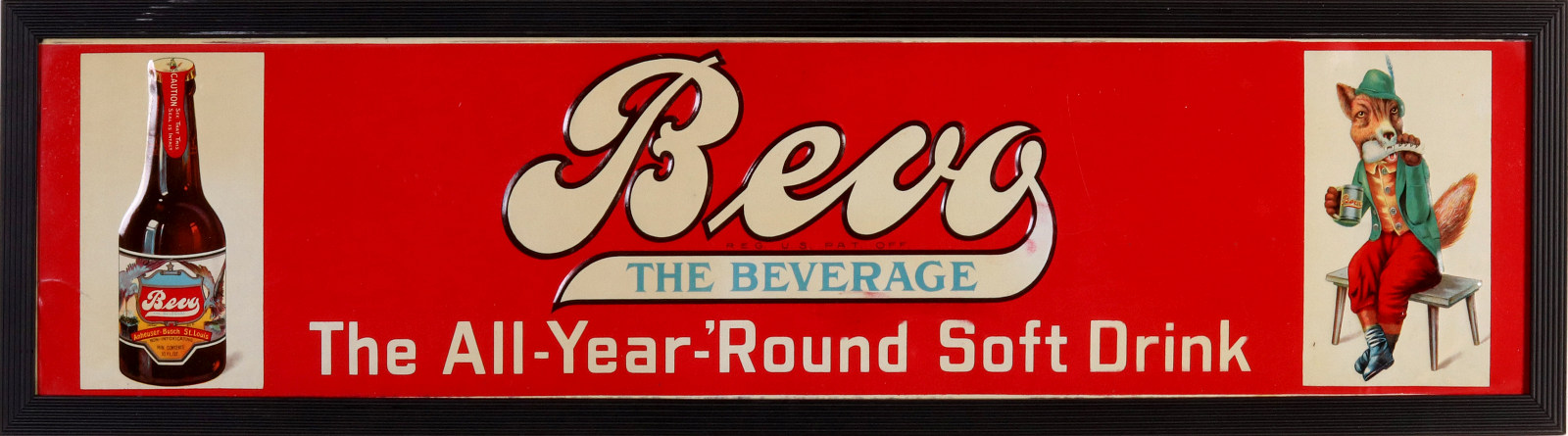 A NEAR MINT EMBOSSED TIN SIGN FOR BEVO BEVERAGE